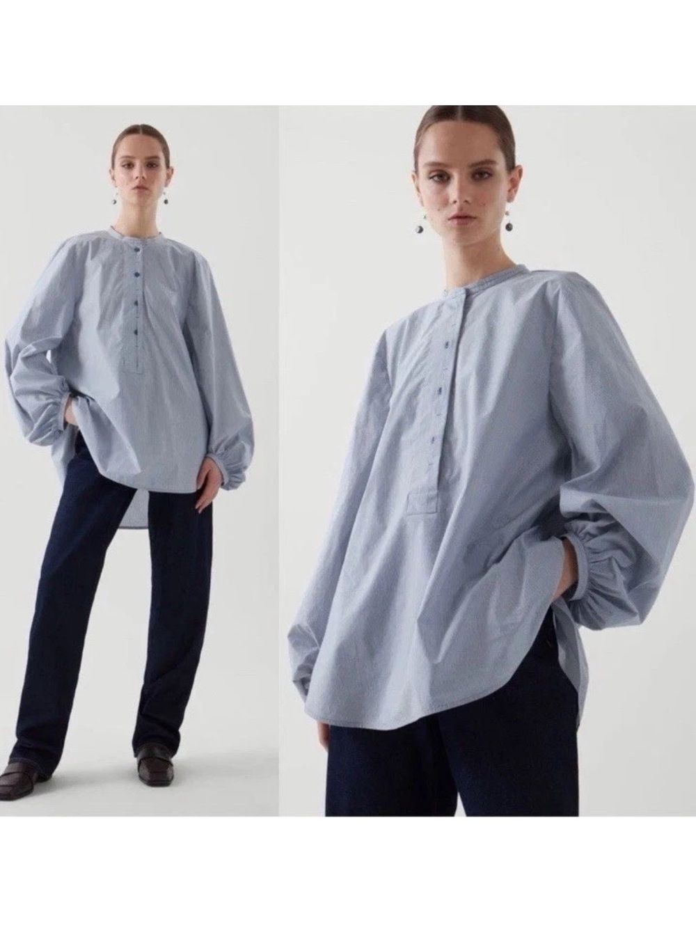 COS Blouse Blue White Pin Striped Balloon Sleeve Draped Shirt SZ US 6
